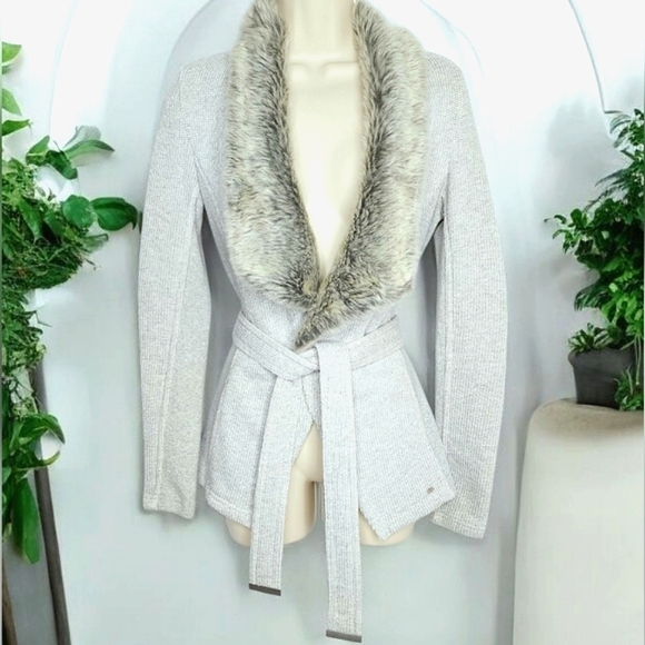 Armani Exchange Gray Faux Fur Collar Cardigan - Picture 1 of 6